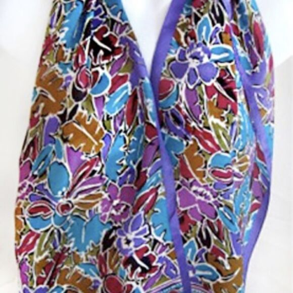 VTG HONEY JEWEL TONE ABSTRACT SILK SCARF 10" X 50" - Picture 6 of 8